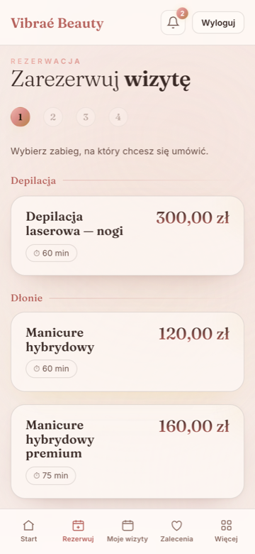 Aplikacja klientki Vibraé Beauty na telefonie — rezerwacja wizyty, wybór zabiegu