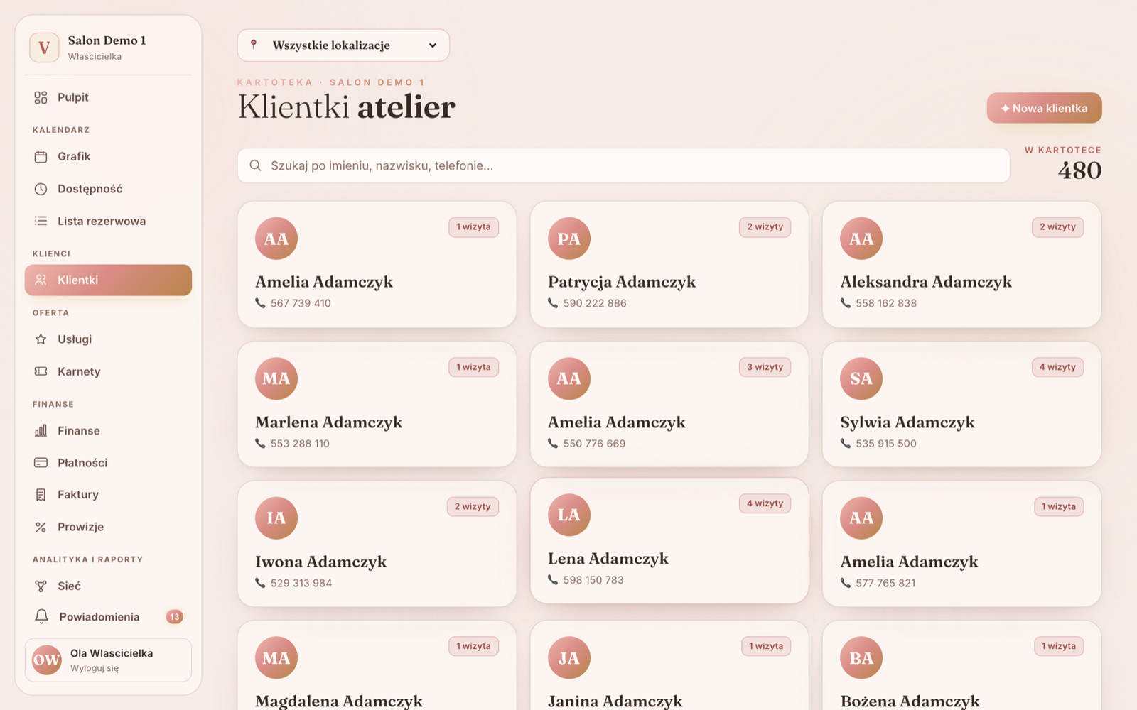 Baza klientek Vibraé — historia wizyt, karnety i notatki