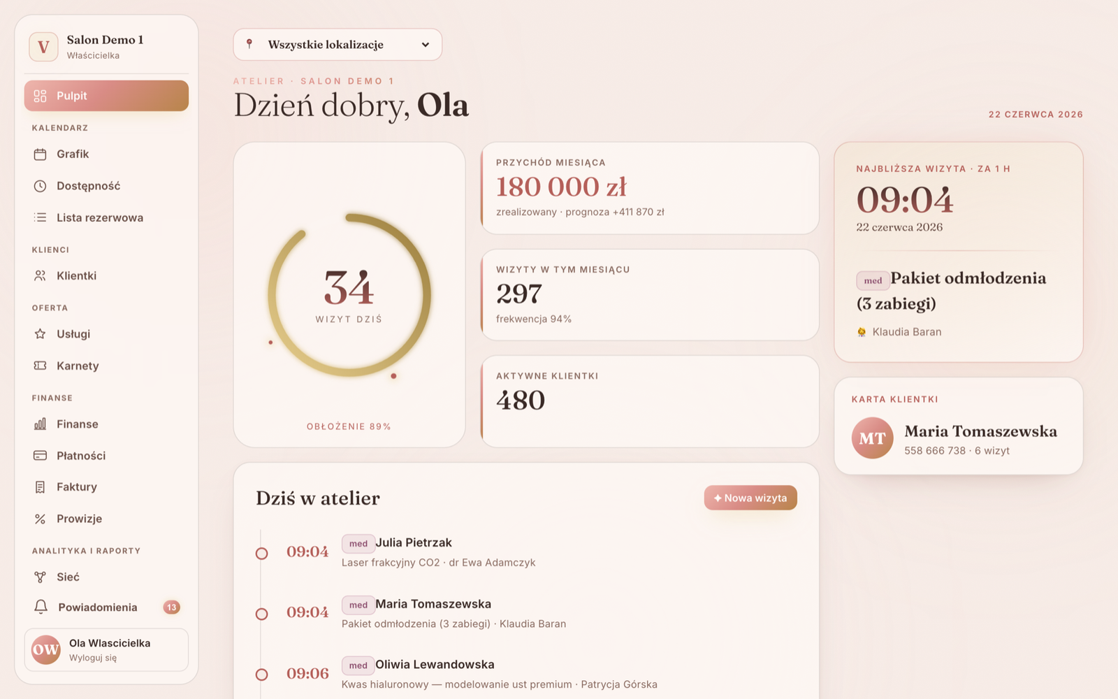 Pulpit właścicielki Vibraé Beauty — przychód miesiąca, obłożenie, klientki, najbliższe wizyty