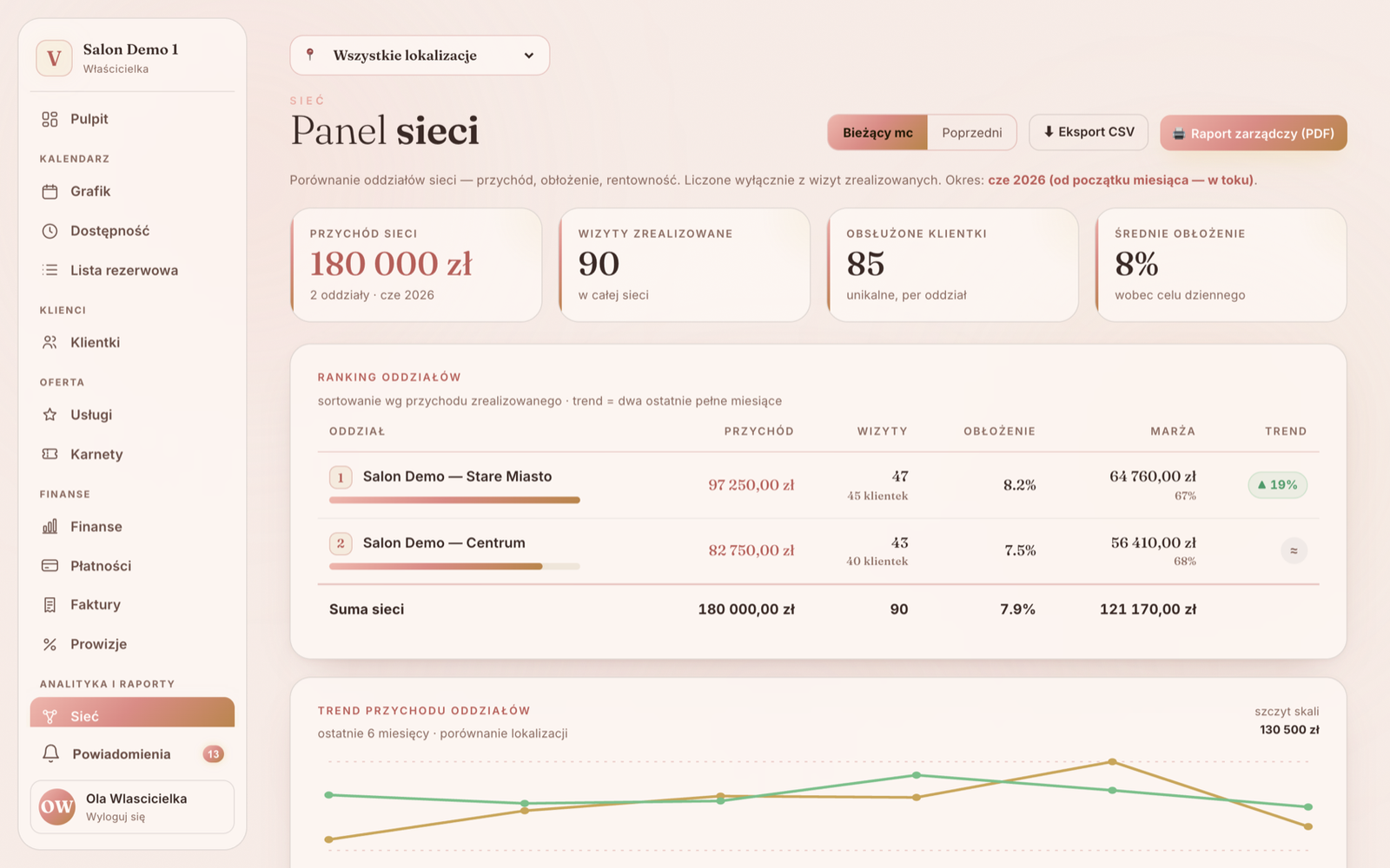 Panel sieci Vibraé Beauty — ranking oddziałów, przychód sieci, P&L i trend przychodu