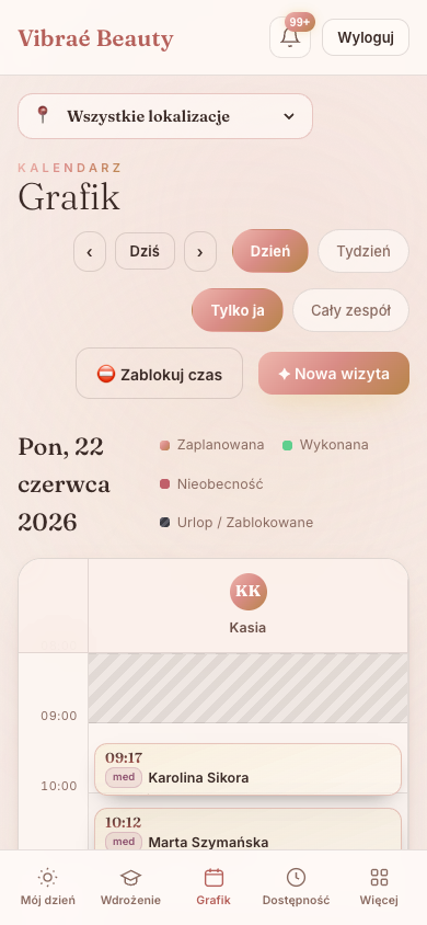 Grafik dnia specjalistki na telefonie — klientki, godziny i zabiegi, bez danych finansowych