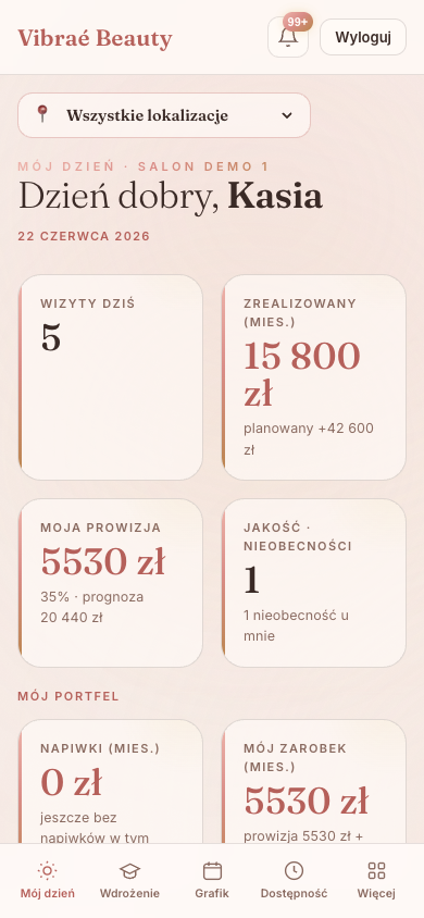 Aplikacja specjalistki Vibraé Beauty na telefonie — Mój dzień: liczba klientek, zabiegi i prowizja
