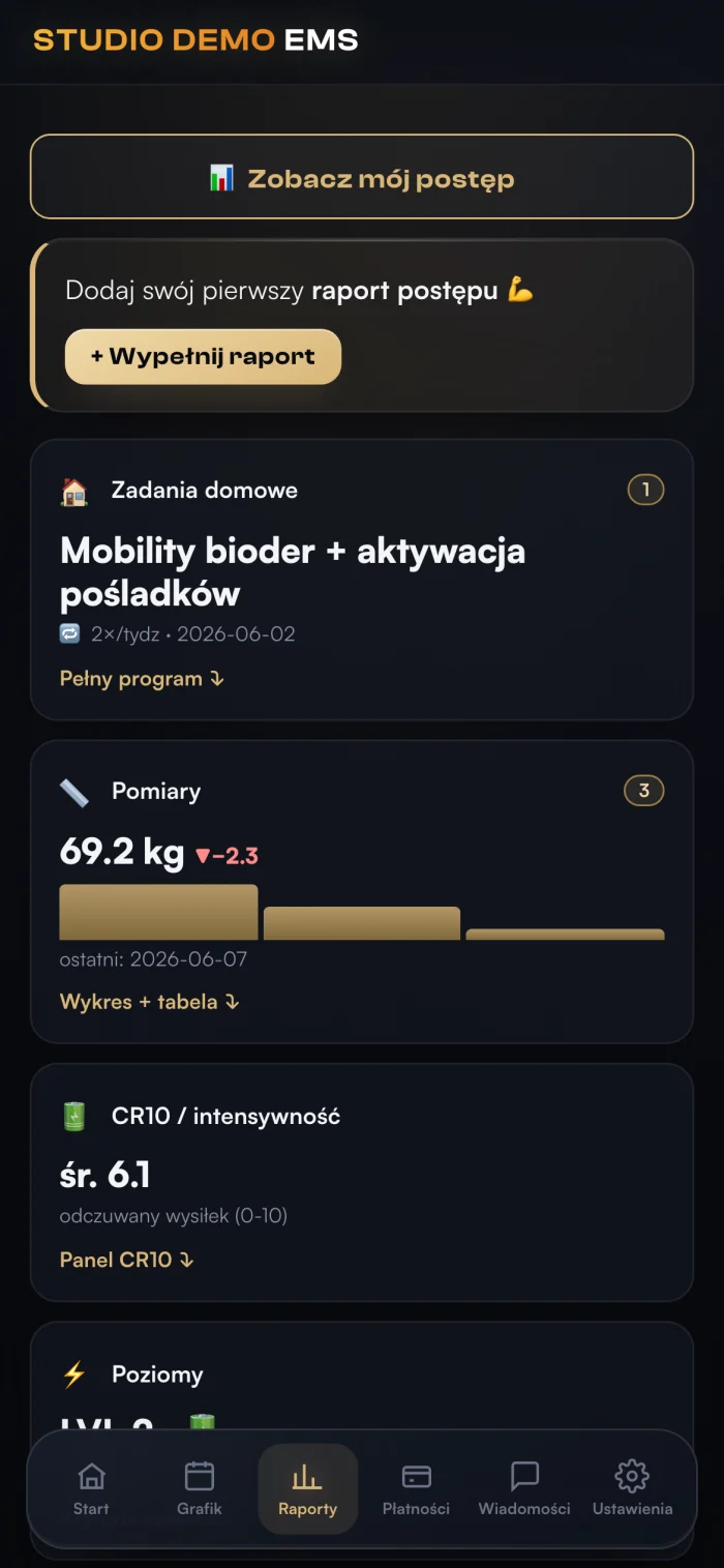Aplikacja klienta — Postępy: pomiary, wykres, zadania domowe