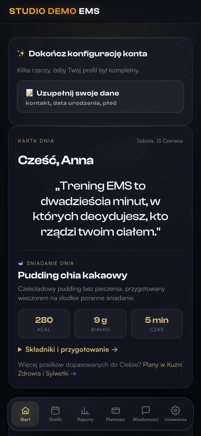 Aplikacja klienta — Start: karta dnia, cytat, śniadanie z makro