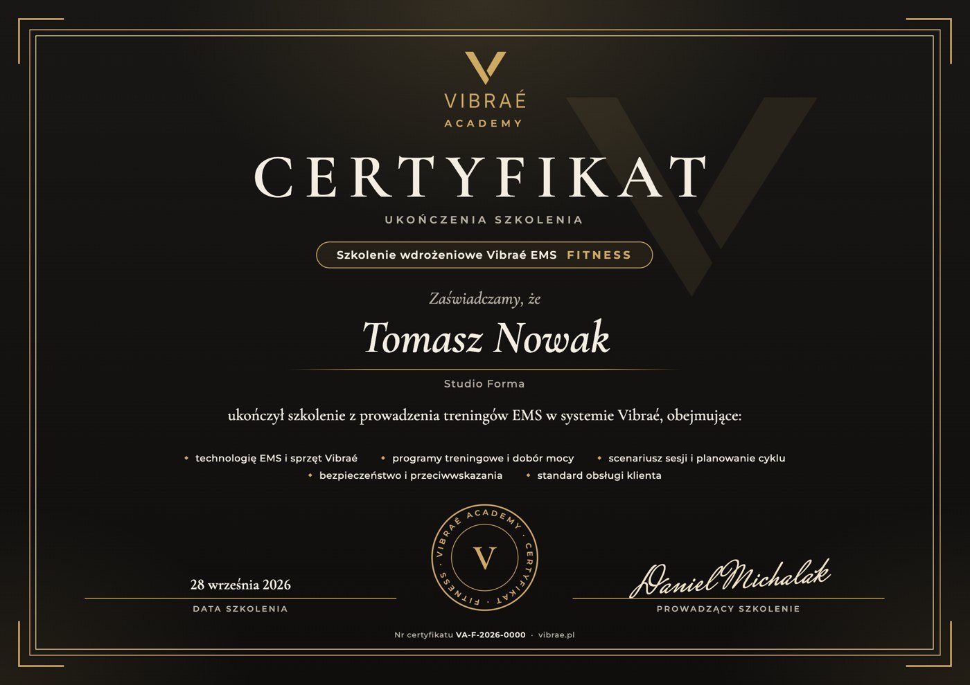 Przykładowy imienny certyfikat Vibraé Academy Fitness