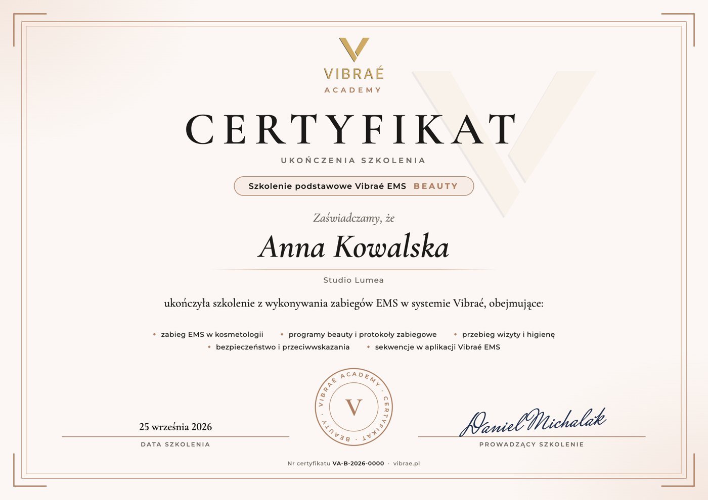 Przykładowy imienny certyfikat Vibraé Academy Beauty