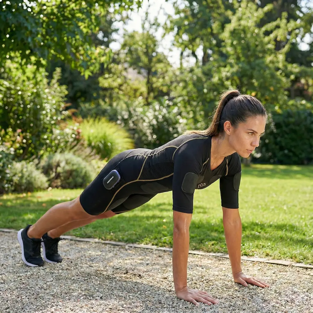 Body EMS damskie VIBRAÉ Home Edition używane do treningu EMS w ogrodzie – ćwiczenie plank