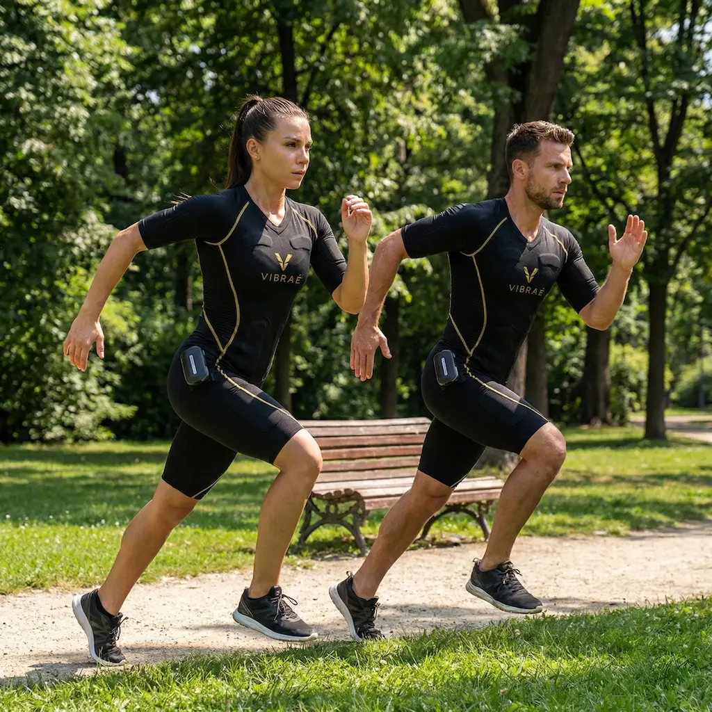 Trening EMS w parze z body VIBRAÉ - kobieta i mężczyzna podczas wspólnego ćwiczenia