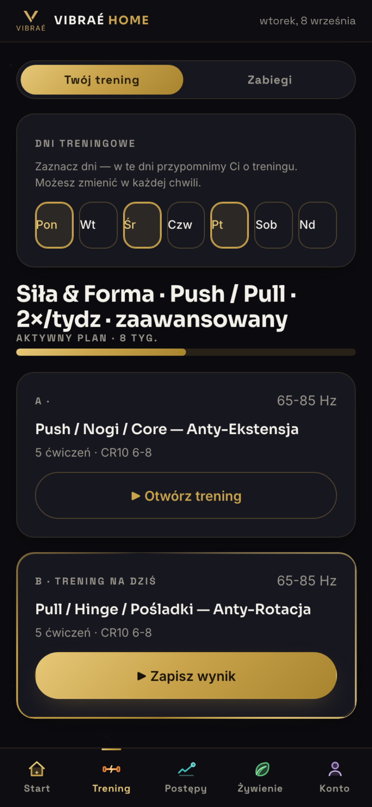 Plan treningowy z dniami przypomnień