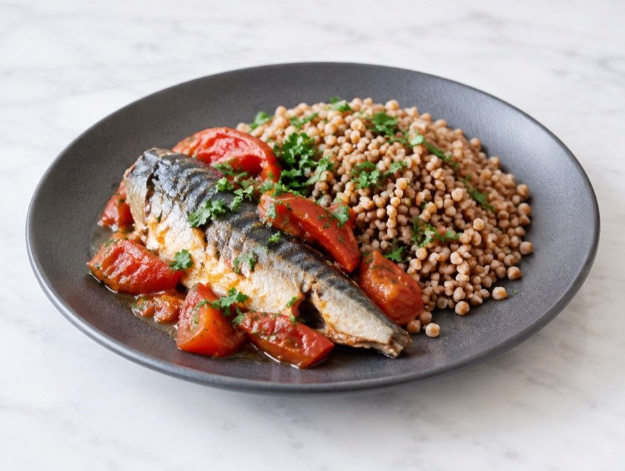 Makrela pieczona z pomidorami i kaszą gryczaną — ryba morska jako źródło jodu, selenu i omega-3