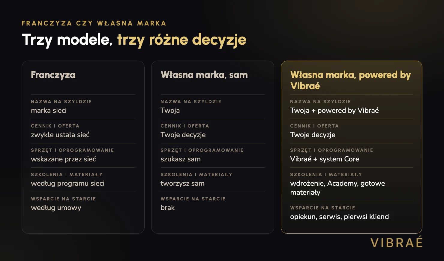 Trzy modele prowadzenia studia EMS: franczyza, własna marka bez partnera i własna marka powered by Vibraé