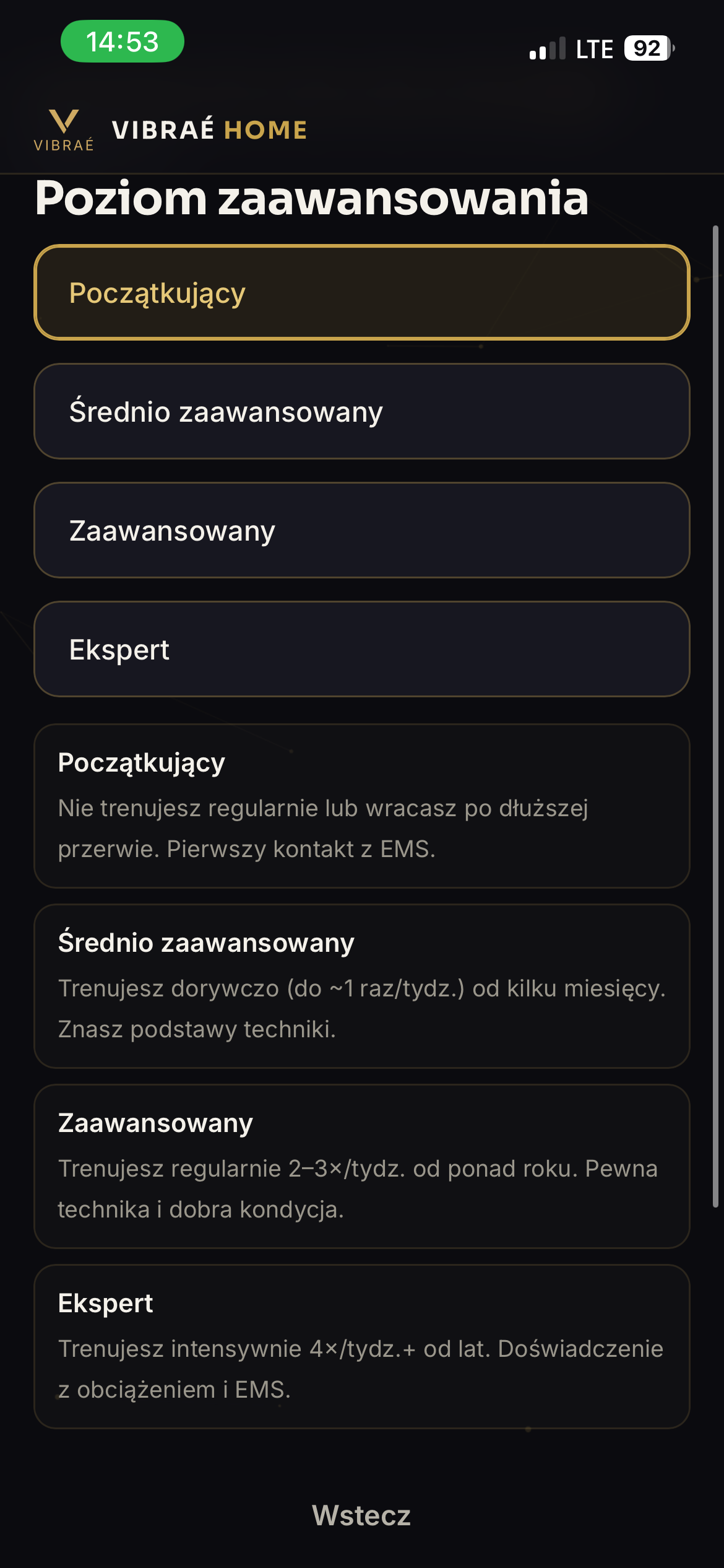 Ekran doboru poziomu zaawansowania w aplikacji Vibraé Home