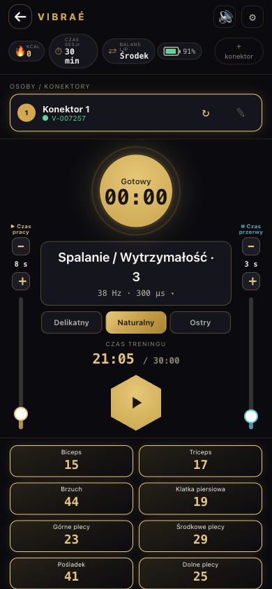 Ekran sesji w aplikacji Vibraé EMS z wyborem odczucia impulsu